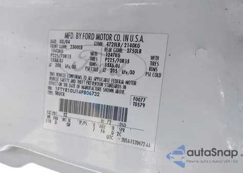 2004 Ford Ranger Edge/Xl/Xlt z USA, uszkodzony, nr VIN 1FTYR10U14PB06732